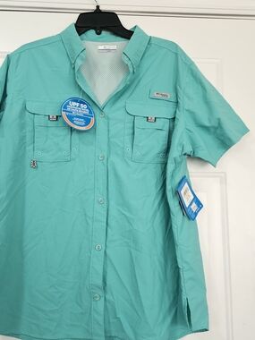 Columbia Women's Short Sleeve Teal Fishing Shirt - UPF 50 Size LX {Bx8}